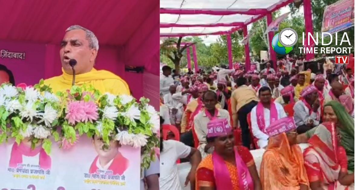 OP Rajbhar addressing Maharaja Bhagwan Daksh Prajapati Jayanti programme in Chandauli, Uttar Pradesh.