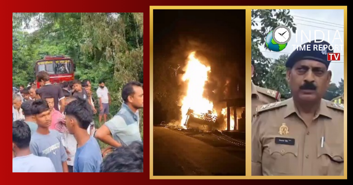 Burnt diesel tanker after a fatal road accident in Jiyanpur, Azamgarh, Uttar Pradesh.