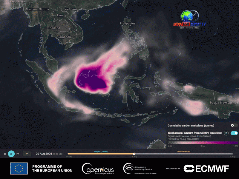 CAMS ECMWF satellite visualization showing wildfire smoke spreading across Indonesia and Southeast Asia.