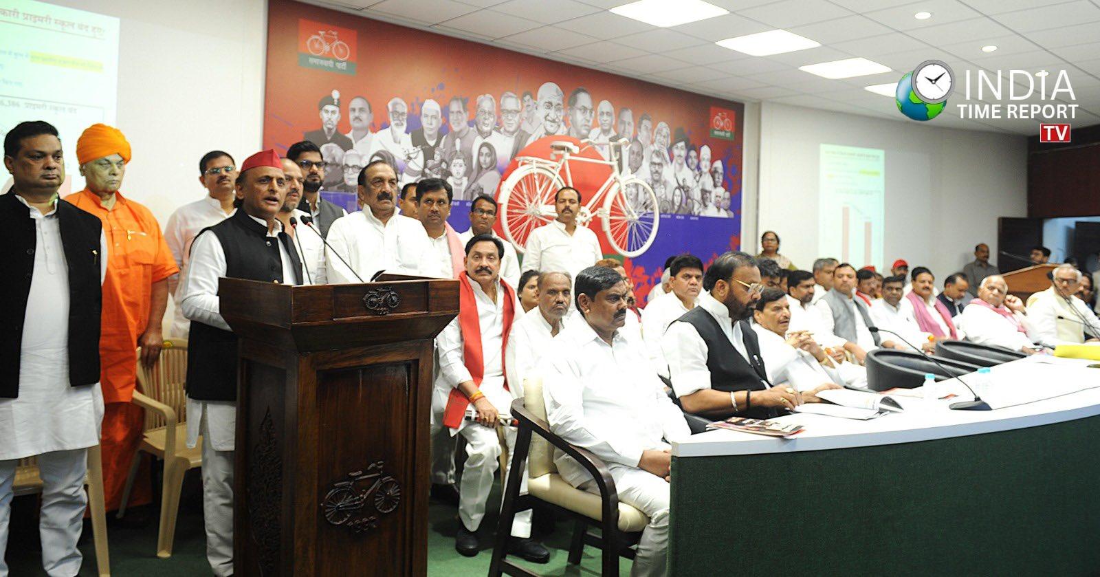 Samajwadi Party chief Akhilesh Yadav addressing a press conference in Lucknow