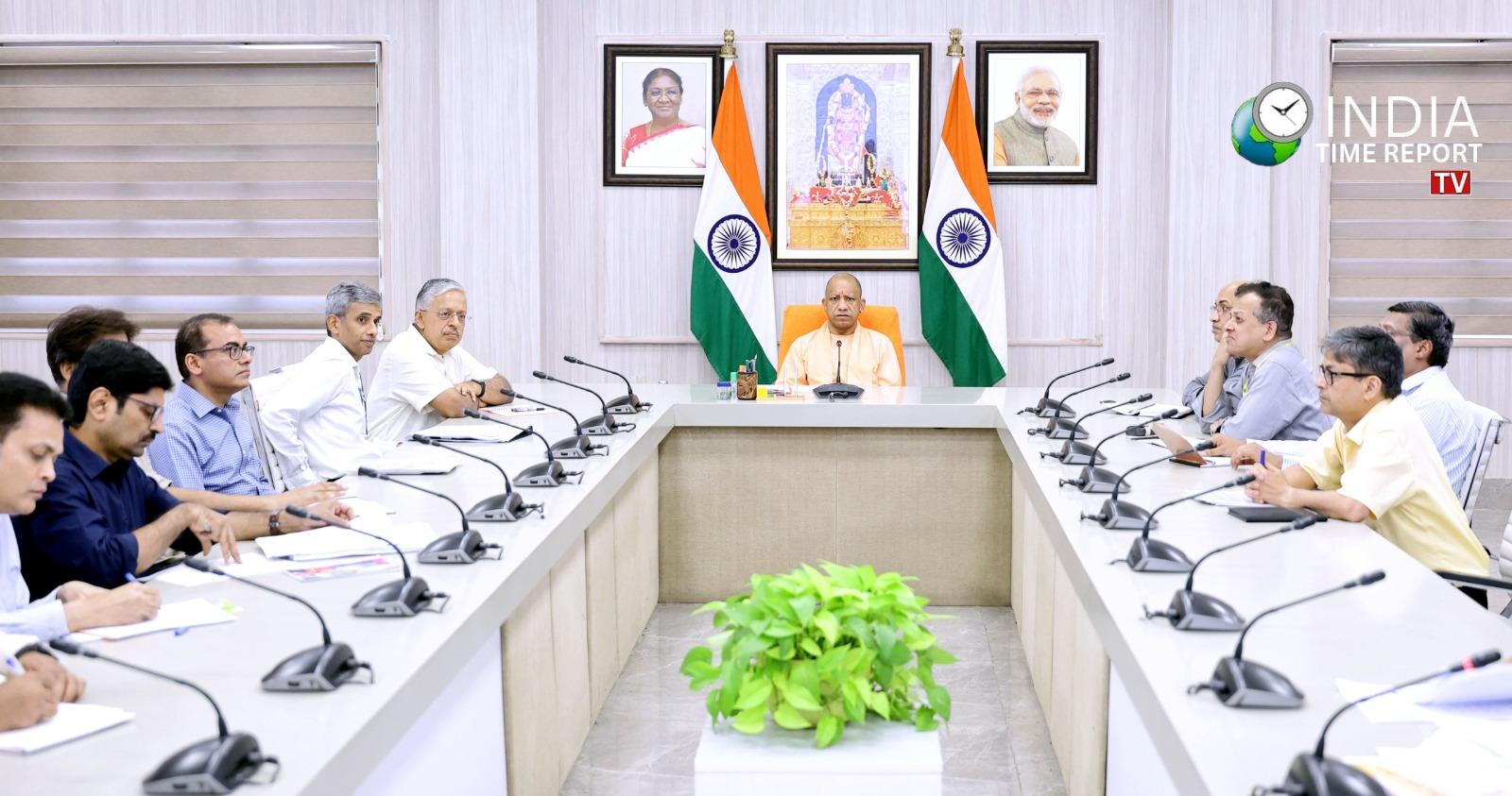 Official photograph of Uttar Pradesh Chief Minister Yogi Adityanath chairing a high-level meeting on the Integrated Youth Policy in Lucknow.