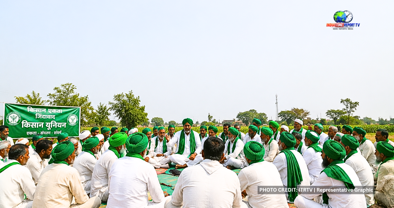 Representative graphic of Bhartiya Kisan Union meeting with farmers.