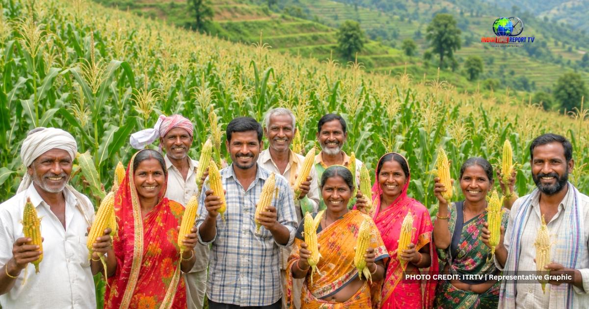 Farmers holding popcorn maize in an agricultural field, representative graphic.