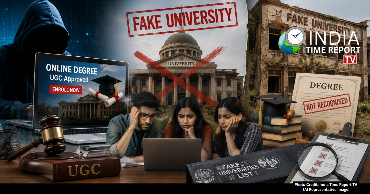 Representative image showing UGC action against misleading EdTech platforms and fake universities in India.