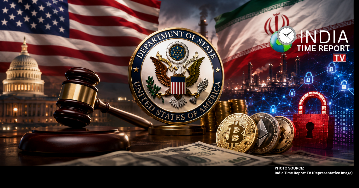 U.S. Treasury building and digital assets representing U.S. sanctions action against Iran