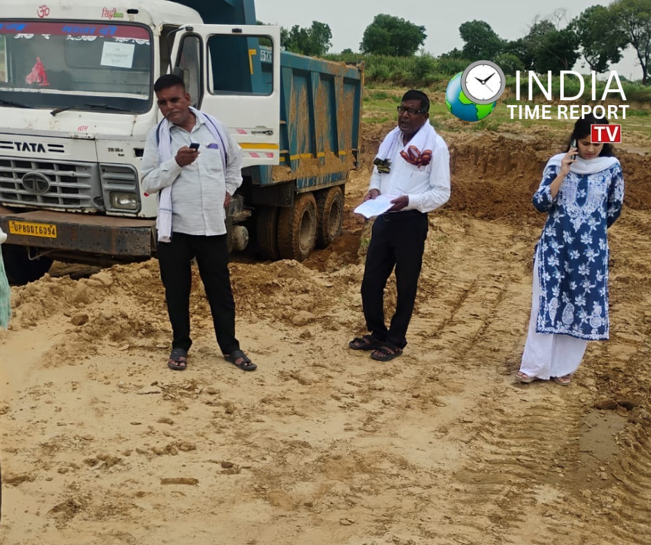 Administrative team during action against illegal mining in Jaitai, Sadabad, Hathras