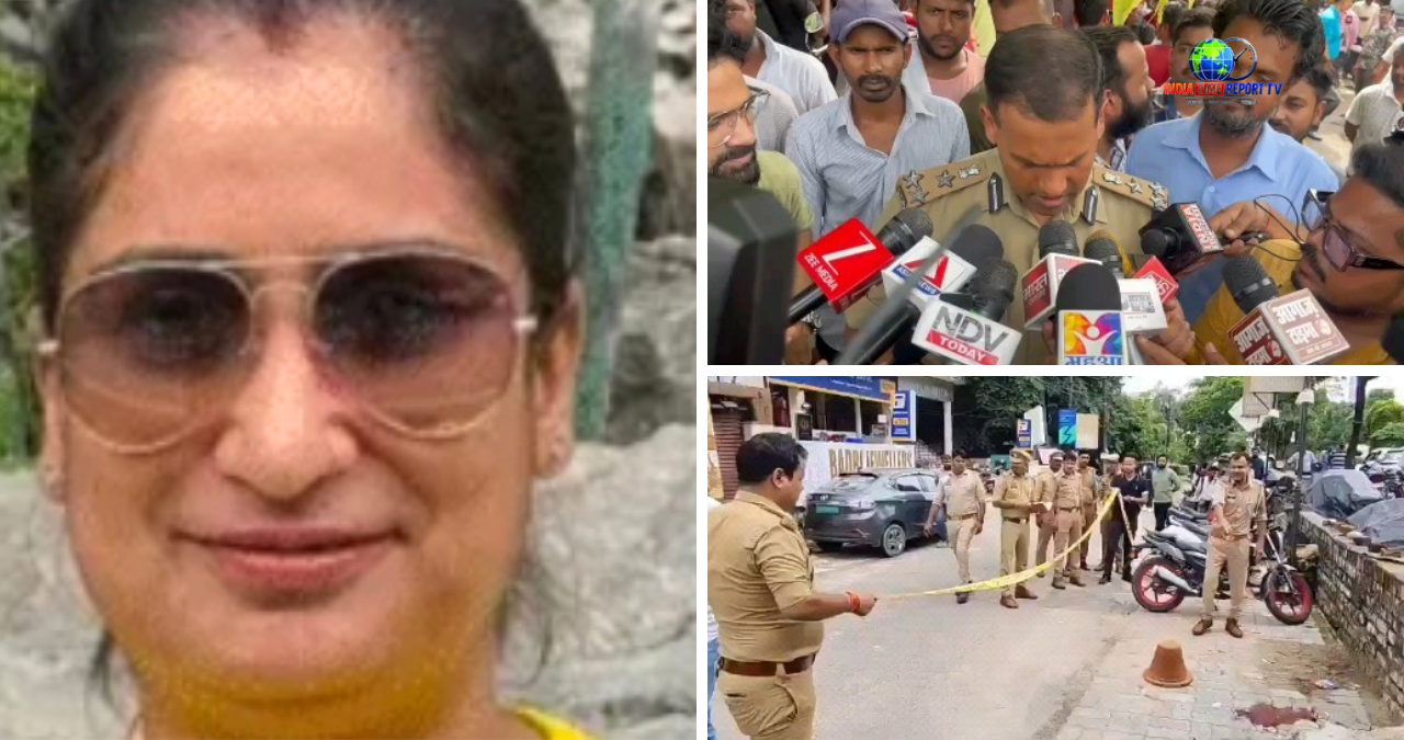 Composite image of the Gomtinagar shooting case in Lucknow showing the victim, police briefing, and crime scene.